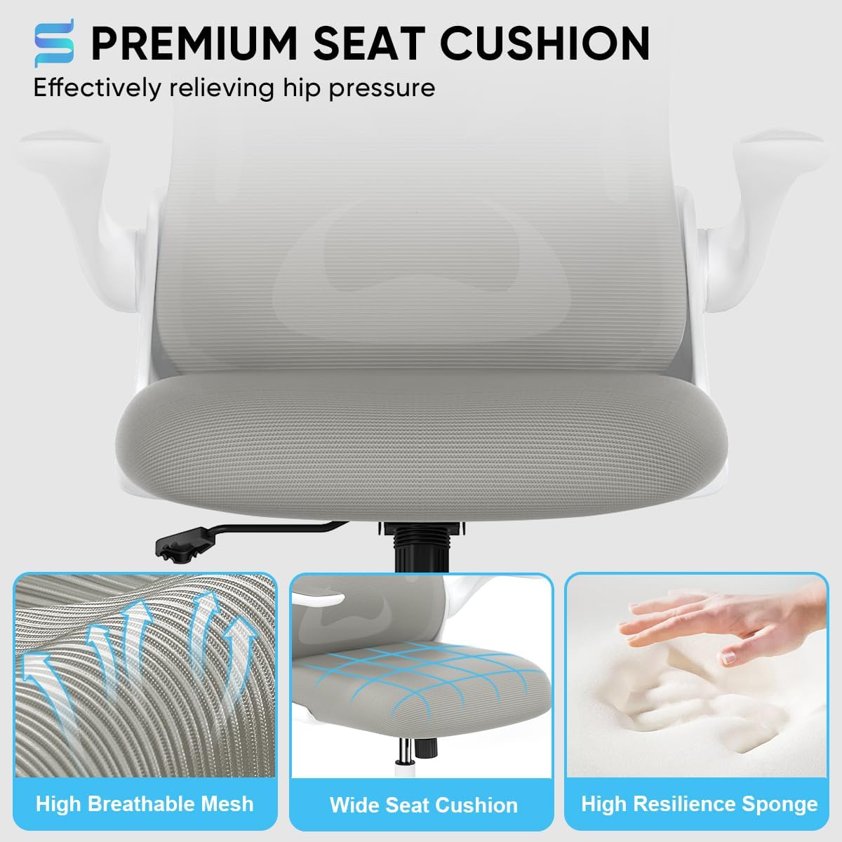 Sytas Ergonomic Desk Chair with Padded Flip up Arms and Supportive Lumbar Support, Breathable Mesh Home Office Chair with Comfortable Cushion for Home or Office(Gray)