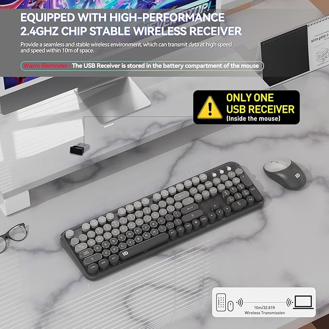 Wireless Keyboard and Mouse Combo, 104 Round Keys Cute Colorful Cordless Keyboard and Mouse with Retro Typewriter Black