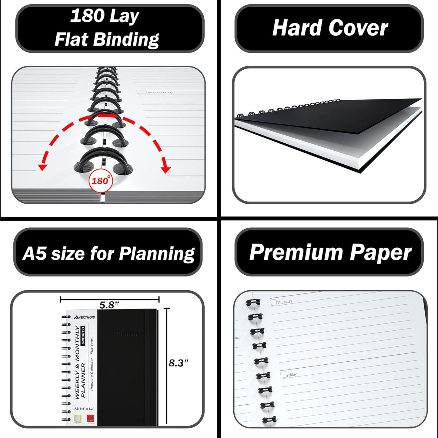 Undated Monthly and Weekly Planner - 12 Month Calendar Planner Notebook with Week Days - Hardcover Undated Planners Blank Agenda Book - A5 Black