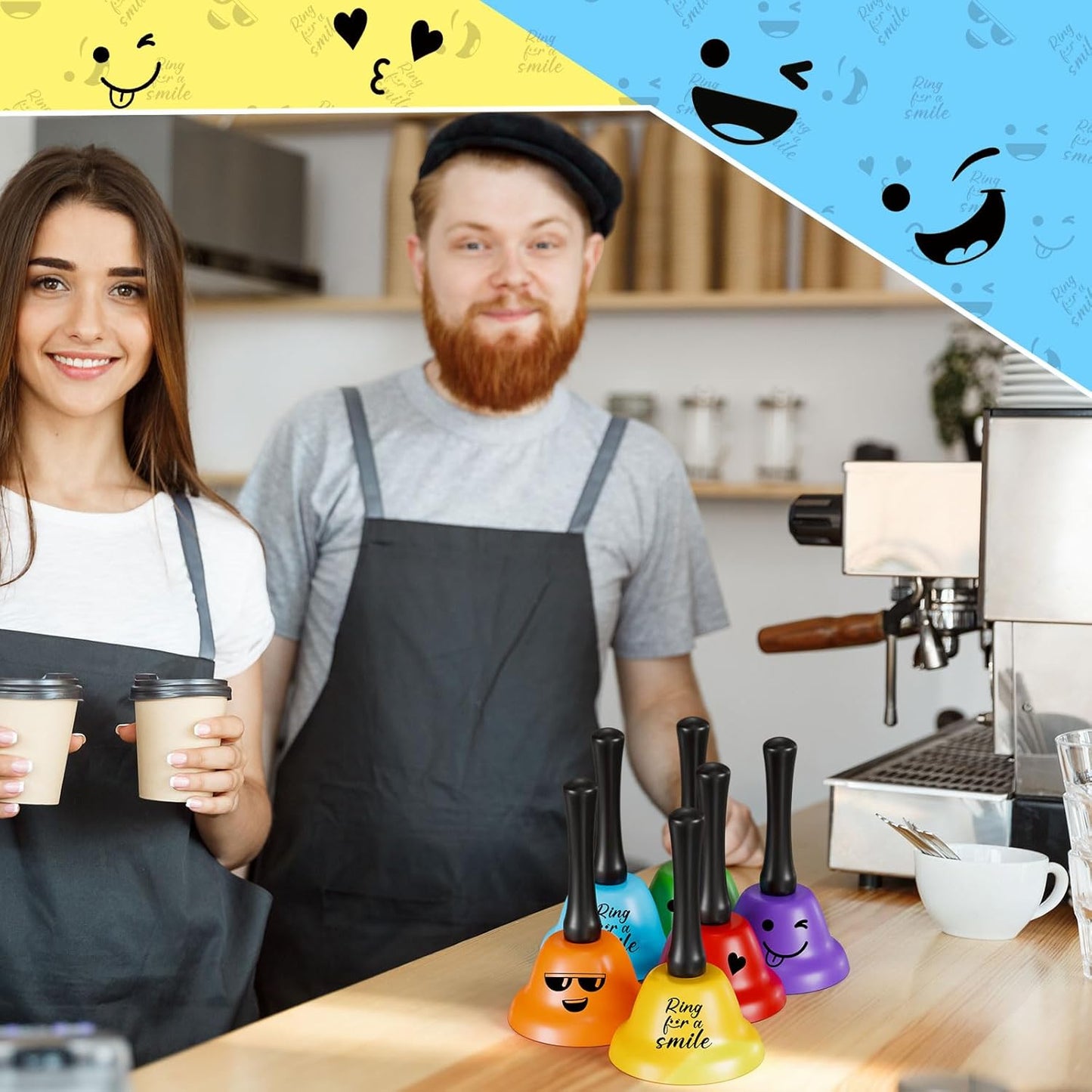 6 Pcs Call Bell Ring Service Hand Bell Smile Ringing for Desk Classroom Hotel Counter Reception Restaurant Food Line, Wedding Events(6 Color)