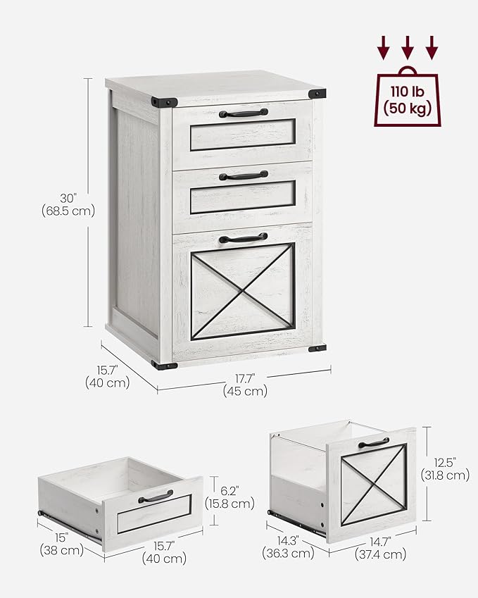 VASAGLE File Cabinet, Filing Cabinet with 3 Drawers, Printer Stand, Fit A4, Letter Size, Hanging File Folders, Modern Farmhouse Style, for Home Office, Rustic White UOFC054T73