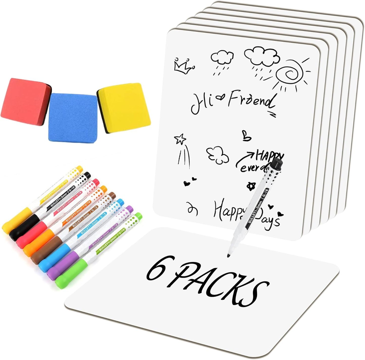 6 Pack Small White Board Dry Erase Classroom Pack Boards 9" x12” Personal Whiteboards for Students Teachers School Supplies Lapboards l Mini Whiteboard Erasers Included Colors pens