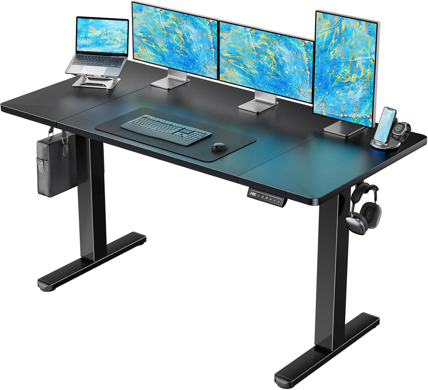 HUANUO 55 x 24 inch Electric Standing Desk, Height Adjustable Table with Headphone Hooks & Cable Manager, Sit to Stand up Desk for Home Office, Black