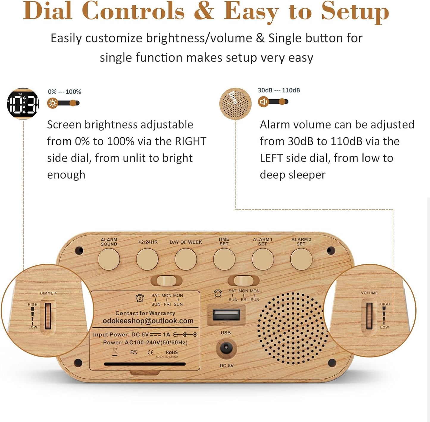 Digital Dual Alarm Clock for Bedroom, 0-100% Dimmer, Weekday/Weekend Mode, Easy to Set, USB Charger, Adjustable Alarm Volume with 5 Alarm Sounds, Snooze, 12/24Hr, Battery Backup (Wood Grain)