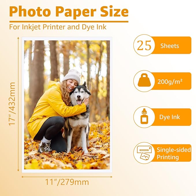 ZBEIVAN 11x17 Photo Paper, Glossy Photo Papers 25 Sheets, 11 x 17 Inkjet Printer Photo Paper for Dye Ink, 200 GSM