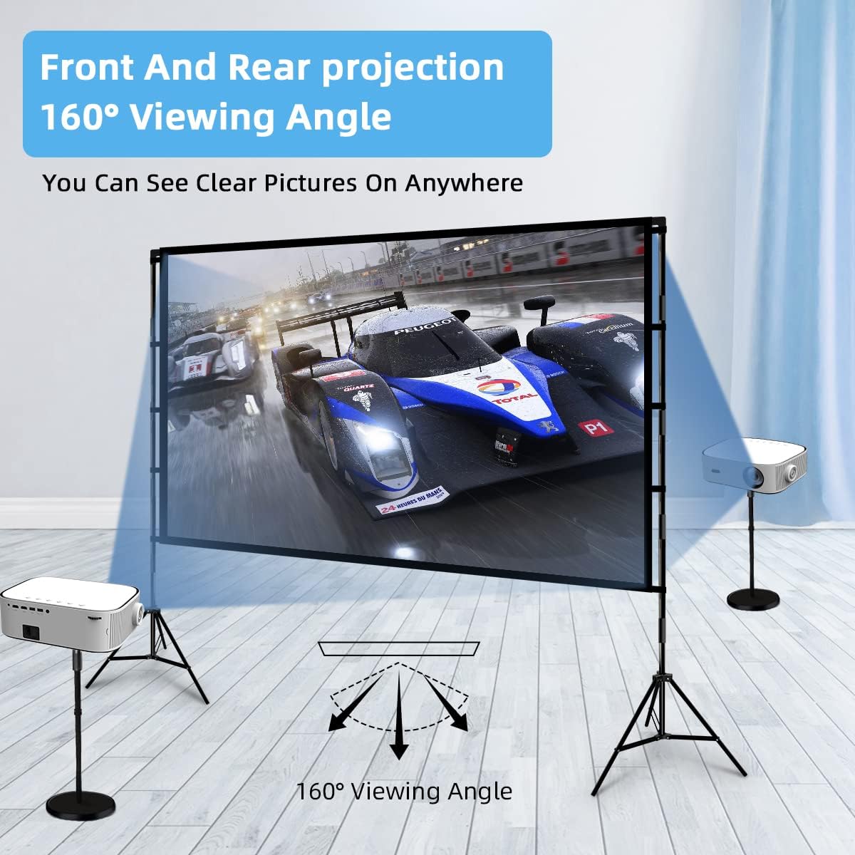 TOWOND Projector Screen with Stand, 100 inch Outdoor Projector Screen Portable Indoor Projection Screen 16:9 4K Rear Front Movie Screen with Carry Bag for Home Backyard Theater
