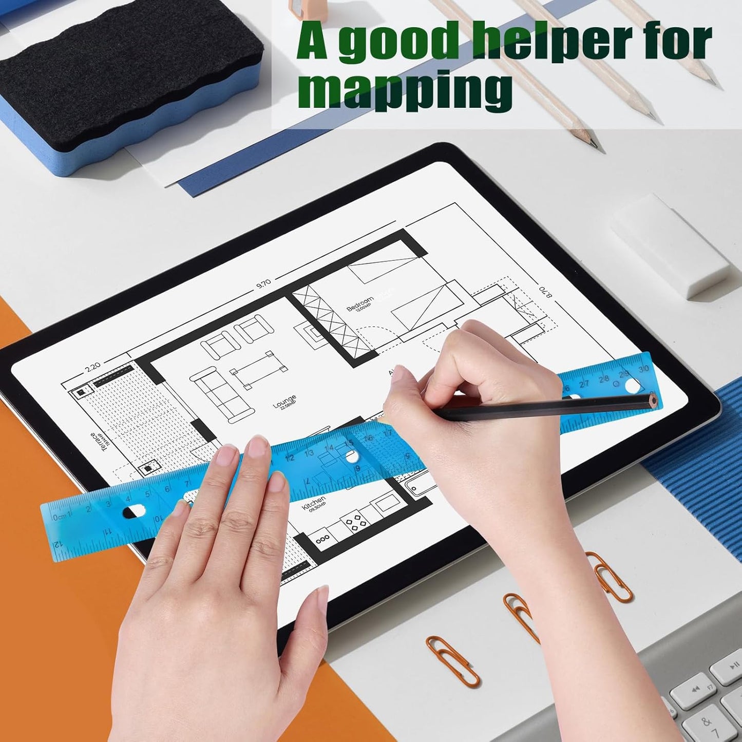 28 Pack Plastic Ruler 12 Inch Transparent Rulers - Metric Bulk for Kids School Office Classroom, Blue