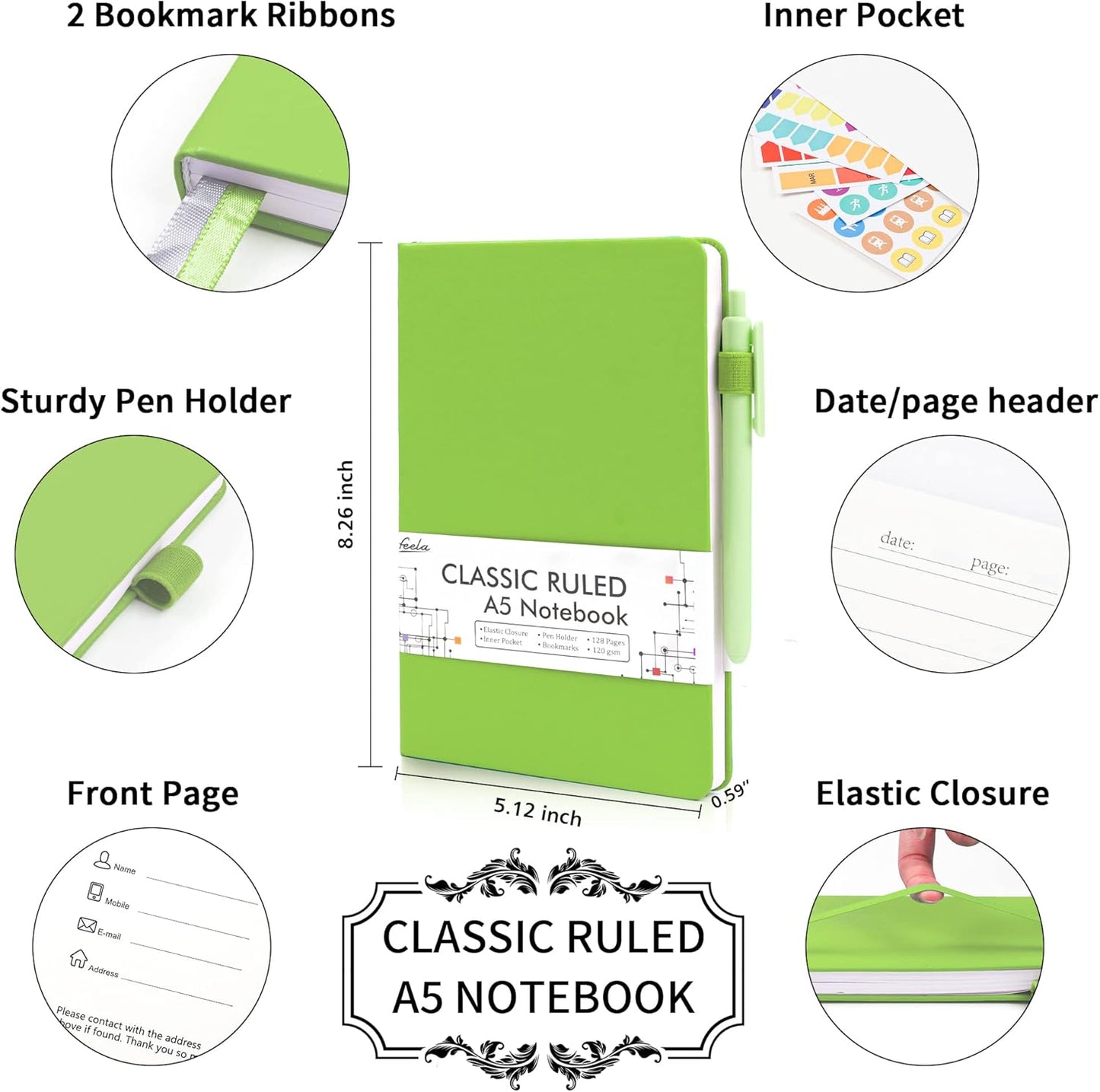 feela 24 Pack Journal Notebook Bulk for Work, Business Notebook Hardcover Lined Writing Journal with Pen Holder for Men Women Note Taking, with 24 Black Pens, 120 GSM, 5.1”x8.3”, A5, Green