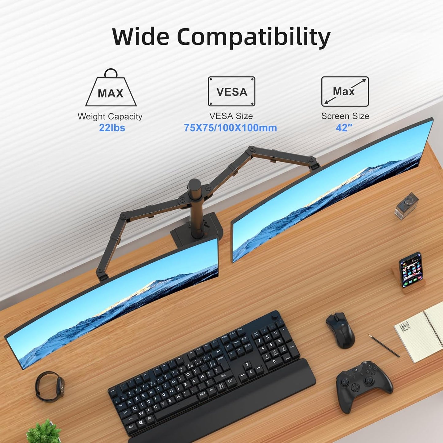 Suptek Dual Monitor Arm Desk Mount,Ultrawide Dual Monitor Arm for 2 Monitor Screens up to 42 inches and Max 22lbs Each,Extra Tall 15.75" Pole Fully Adjustable Monitor Stand for Desk,Black(MD9442LB)