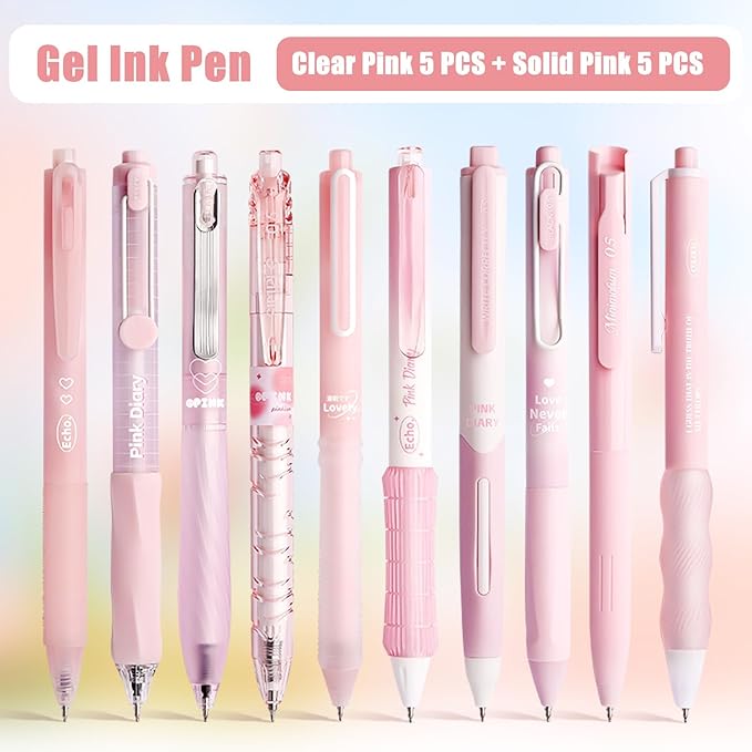 10 Count Pastel Gel Ink Pen Set,Cute Note Taking 0.5mm Fine Point Retractable 10 Count Black Ink Pens with for Writing, Journaling, School, Office (Pink)