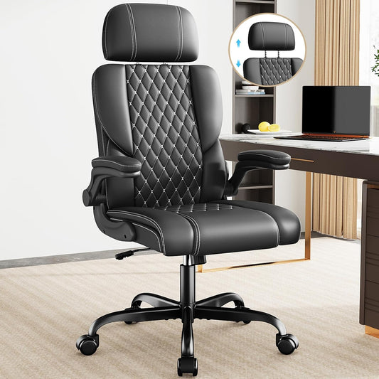 Sytas Executive Leather Office Chair, Comfy Desk Chair with Adjustable Headrest & Flip-up Padded Arms & Lumbar Support, Adjustable Hight and Tilt, Rolling Swivel Chair, Black