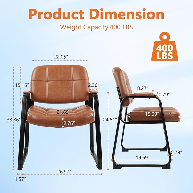 CLATINA Big & Tall 500 lbs Waiting Room Chairs with Padded Armrests and Sled Base, Leather Stationary No Wheels Office Guest Chair for Reception Lobby Home and Meeting Conference, Brown (8 Pack)