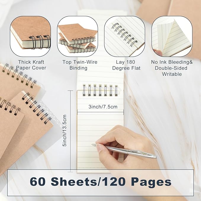Tenceur 54 Pcs Mini Spiral Notebook 3" x 5" Top Bound Small Spiral Notepads Pocket Notebook Spiral Memo Pads 120 Pages Sketchbook College Ruled Journals for Kids Home Office School (Brown)