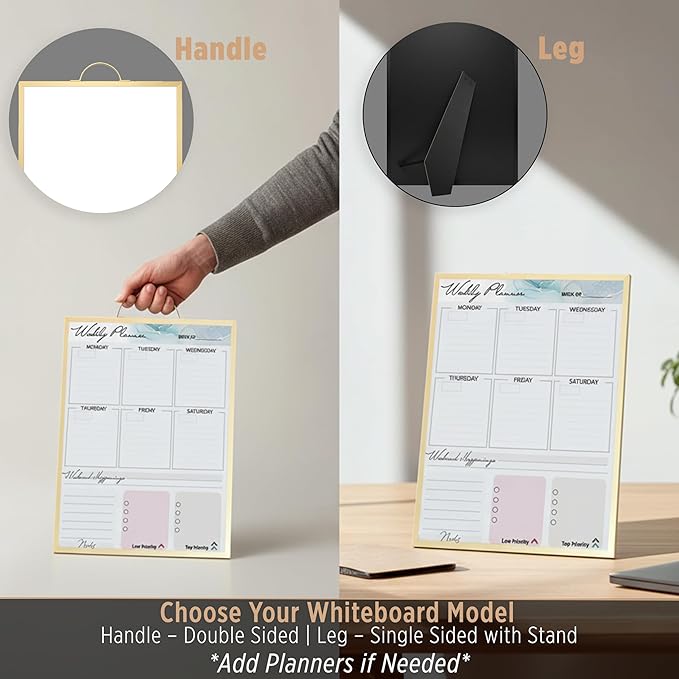 Small Whiteboard 12 x 16 Inch Magnetic Dry Erase Board with Handle | Gold Aluminum Frame | Double-Sided Planner Board with Weekly & Monthly Sheets | 3 Markers, Eraser & 2 Magnets