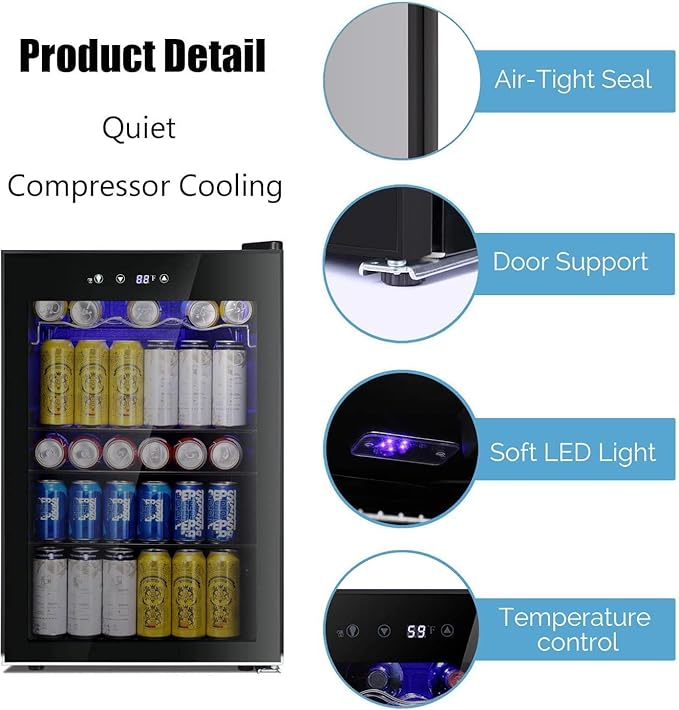Antarctic Star Beverage Cooler 145 Can Mini Fridge Glass Door for Soda Beer Wine Glass Door Stainless Steel Small Drink Refrigerator Digital Display for Home, Office Bar,4.4cu.ft