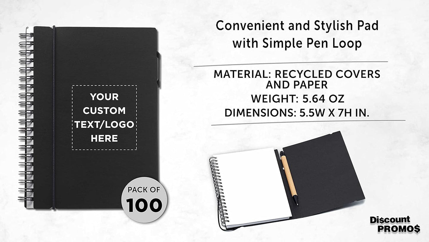 DISCOUNT PROMOS Custom Spiral Notebooks with Elastic Closure Set of 100, Personalized Bulk Pack - Perfect for School, Office, Business and More - Black