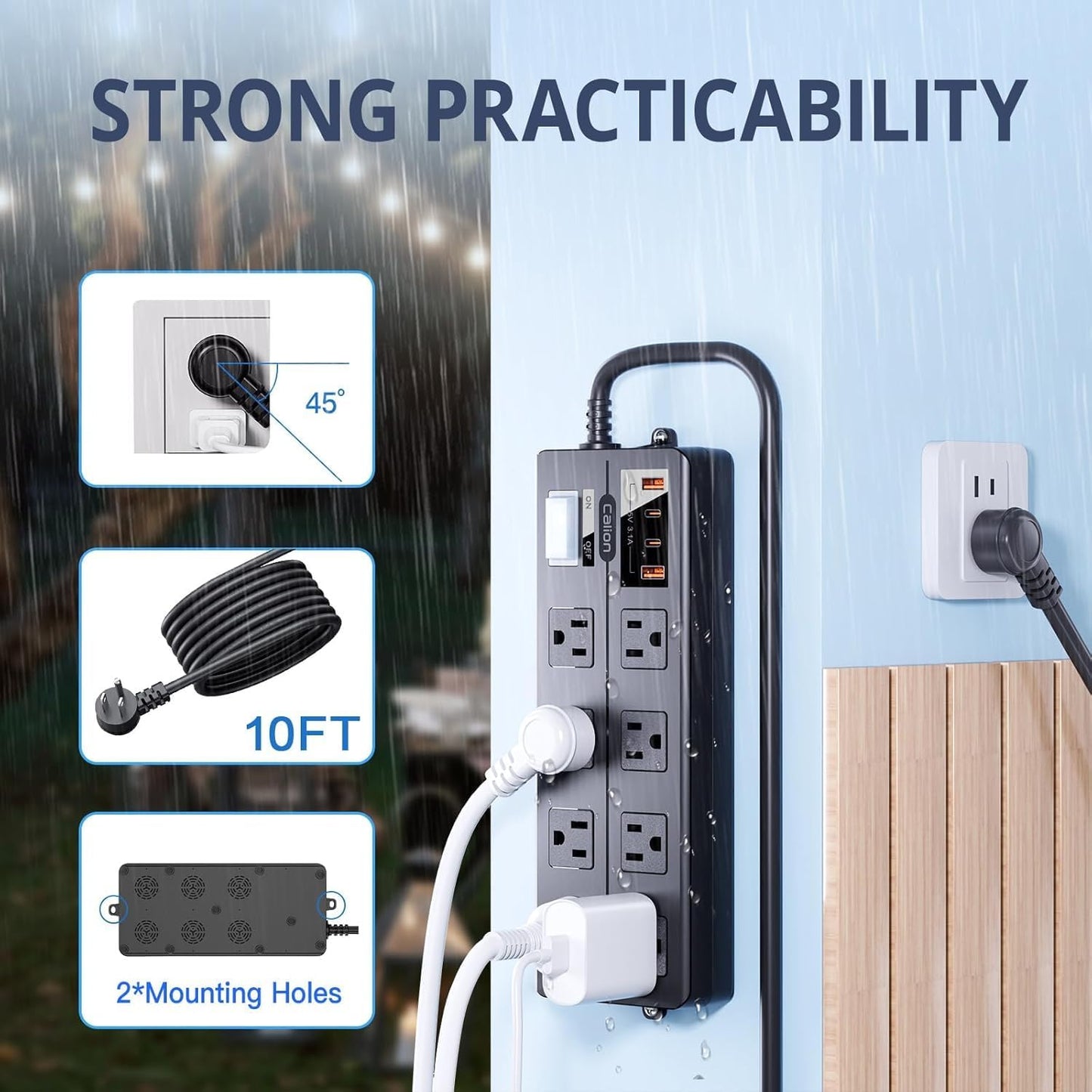 IPX6 Outdoor Power Strip Weatherproof, Waterproof Surge Protector with 8 Wide Outlet with 2A2C USB Ports, 15FT Long Extension Cord, Wall Mountable for Outside Decorations and More UL Listed(Black)