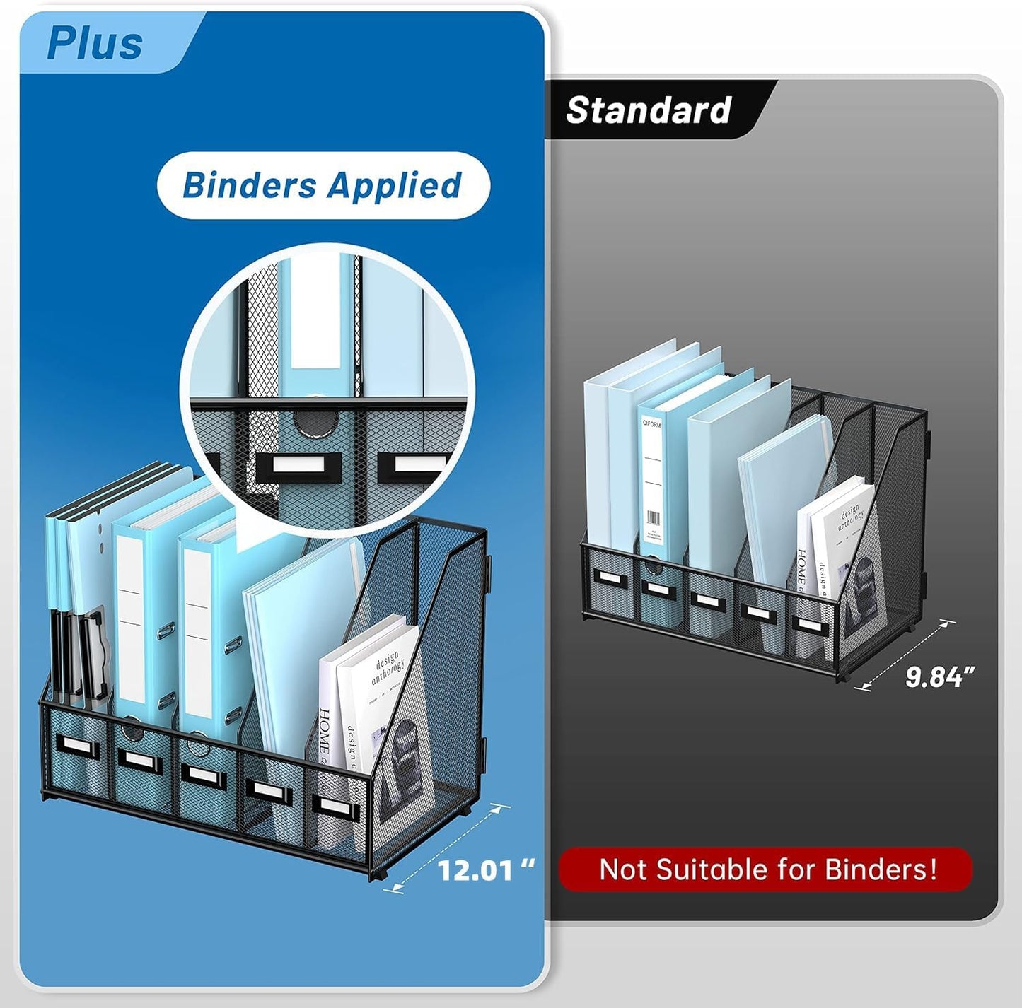 SUPEASY Desk Organizers Metal Desk Magazine File Holder with 16''x12''x12'' 5 Vertical Compartments Rack File Organizer for Office Desktop, Home Workspace, Black Plus