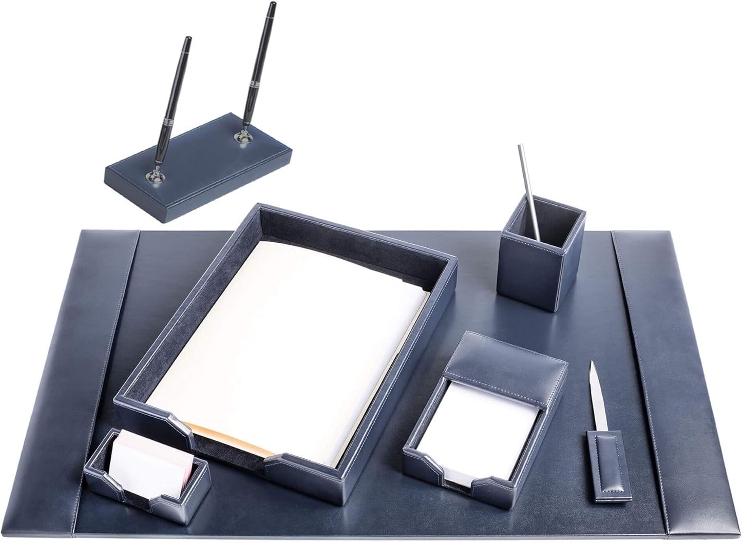 Dacasso Bonded Set Luxury Leather Desk Pad & Desk Organization Essentials, 7 Piece, Navy Blue
