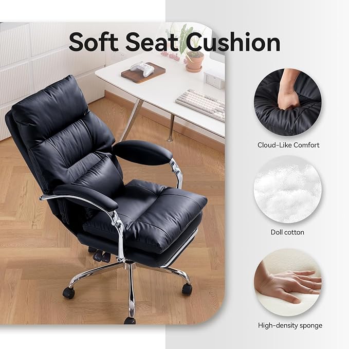 LEAGOO Reclining Office Chair with Foot Rest, Executive Office Chairs with Arms, Ergonomic High Back PU Leather Comfy Swivel Computer Desk Chairs with Wheels and Lumbar Support for Home Office, Black