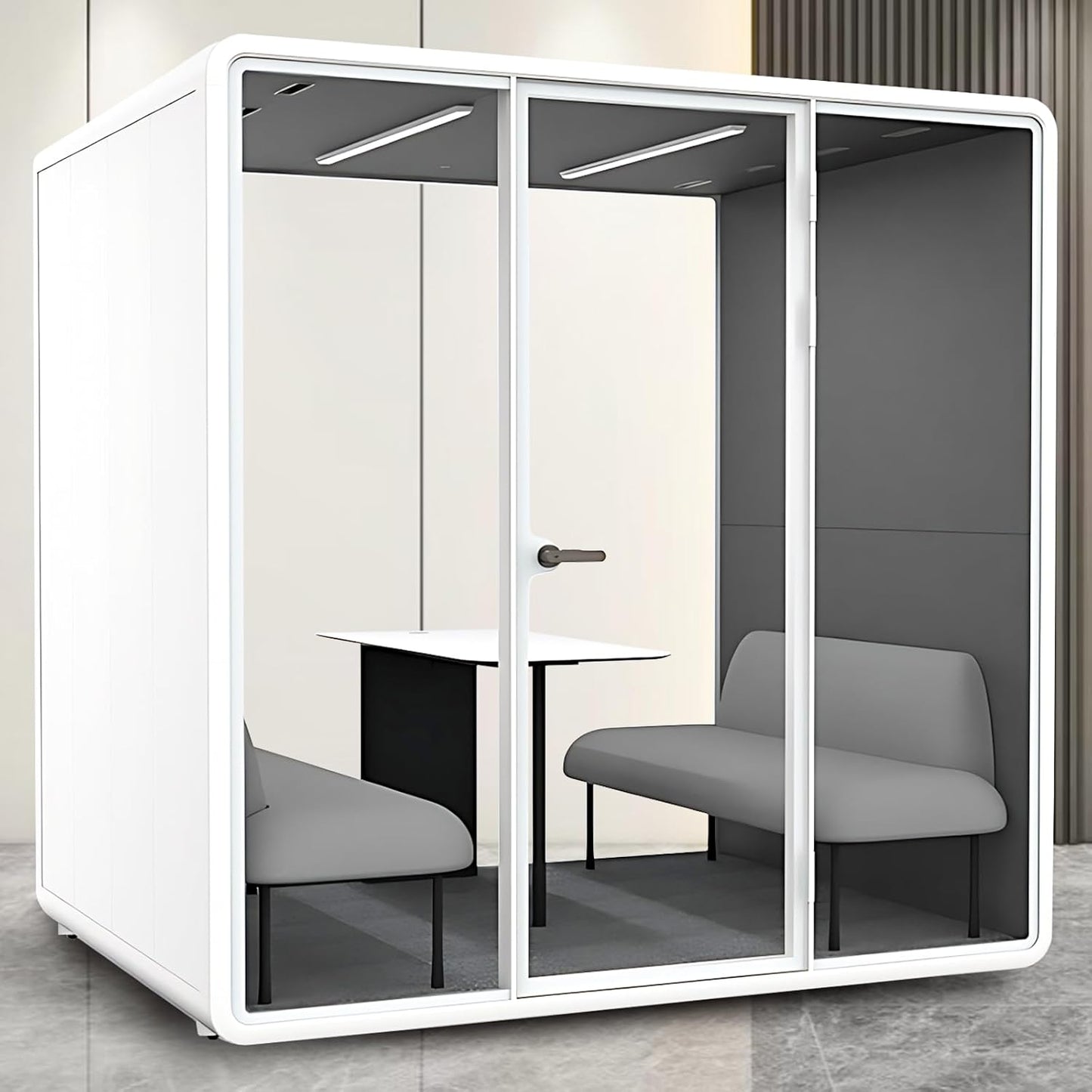 Office Sound Booth with Audio Privacy - Portable Soundproof Booth Includes White Frame with Curved Corners,Soundproof Room with Light,Fans, Magnetic Door Lock for Negotiation Room (70.08IN)