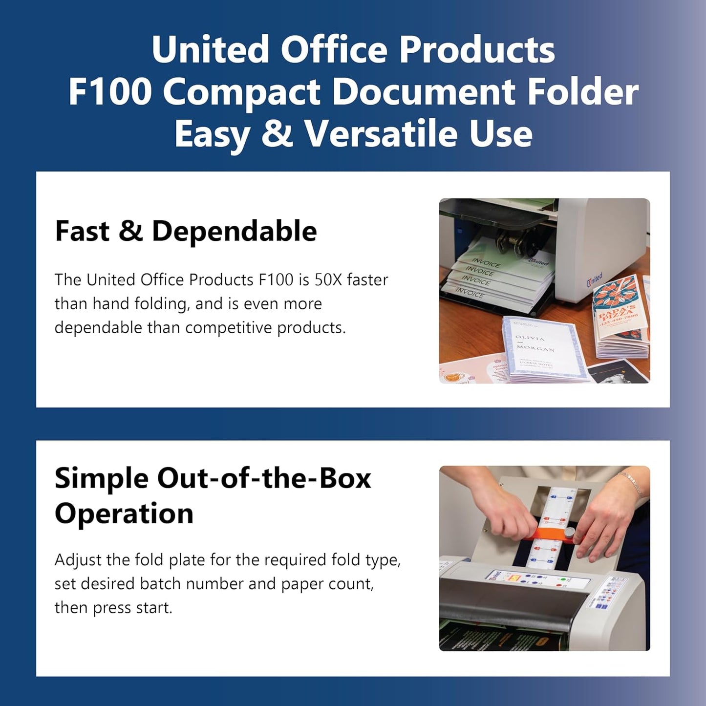 United Office Products F100 Automatic Paper Folding Machine, 200-Sheet Capacity, Folds Letter and Legal Size Paper, High-Speed Letter Folding Machine for Offices, Schools and Churches