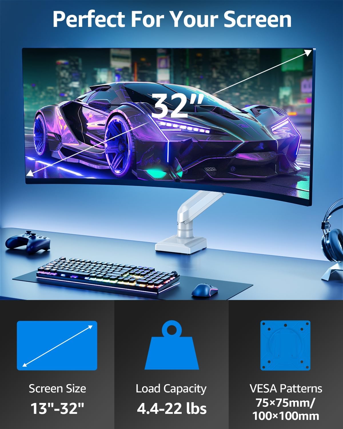 Single Monitor Mount for 22 24 27 32 inch Screen, Gas Spring Arm Holds 4.4-22 lbs, Monitor Desk Mount, Gaming & Home Office Use, VESA 75x75mm & 100x100mm, Freelift Pro White