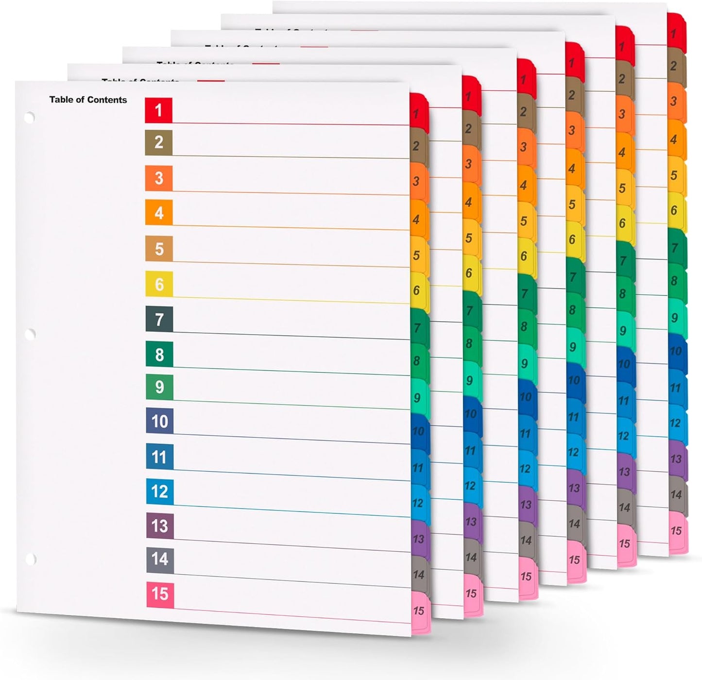Tab Dividers for 3 Ring Binders – 6 Sets, 1–15 Numbered Index Dividers with Table of Contents – 8.5 x 11 in, 3-Hole Punched – Binder Dividers for School, Office, Filing, Organizing - 6 Pack