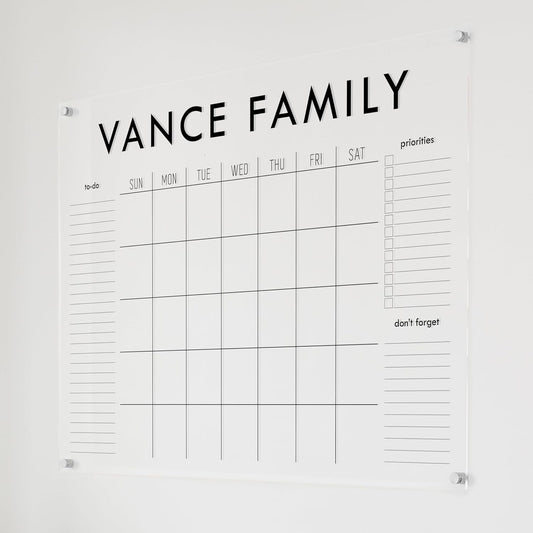 Personalized Clear Acrylic Calendar for Wall, Calendar Whiteboard for Wall, Dry Erase Wall Calendar, Wall Calendar Organizer System for Home (Block, Black, 47.5"W x 36"H)