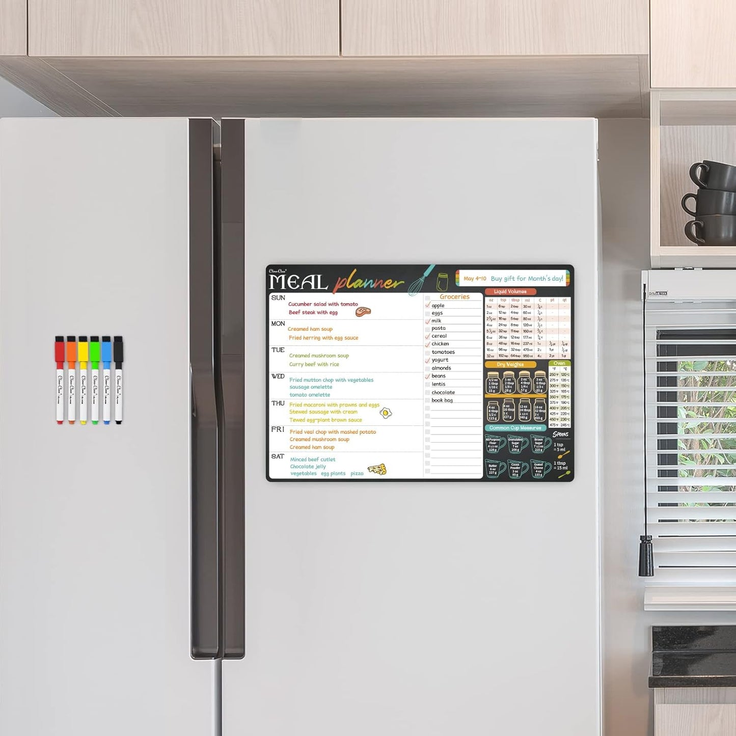 Magnetic Dry Erase Menu Board - 17"x12" Meal Planning Board for Fridge - 6 Extra Fine Point Markers Included - Shipped Flat