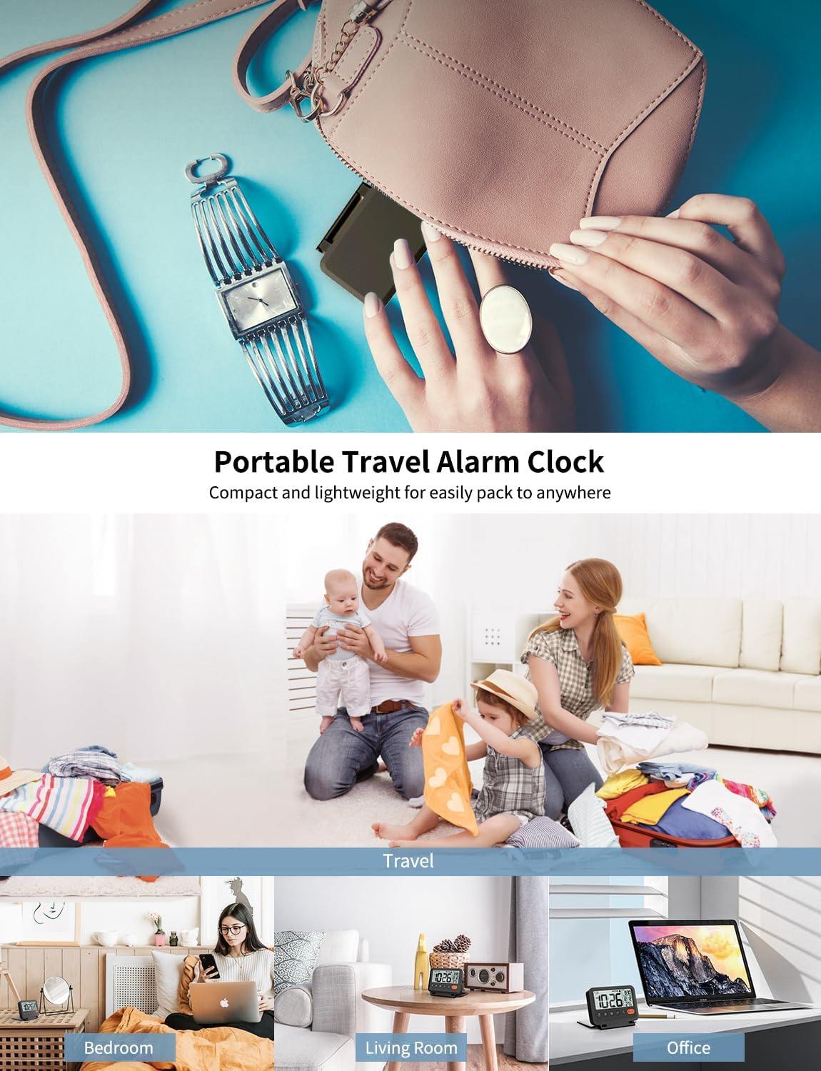 Digital Travel Alarm Clock, Black, 3.54 inch LCD Display, 9-Minute Snooze, 2 Volume Levels, Backlight, Battery Included