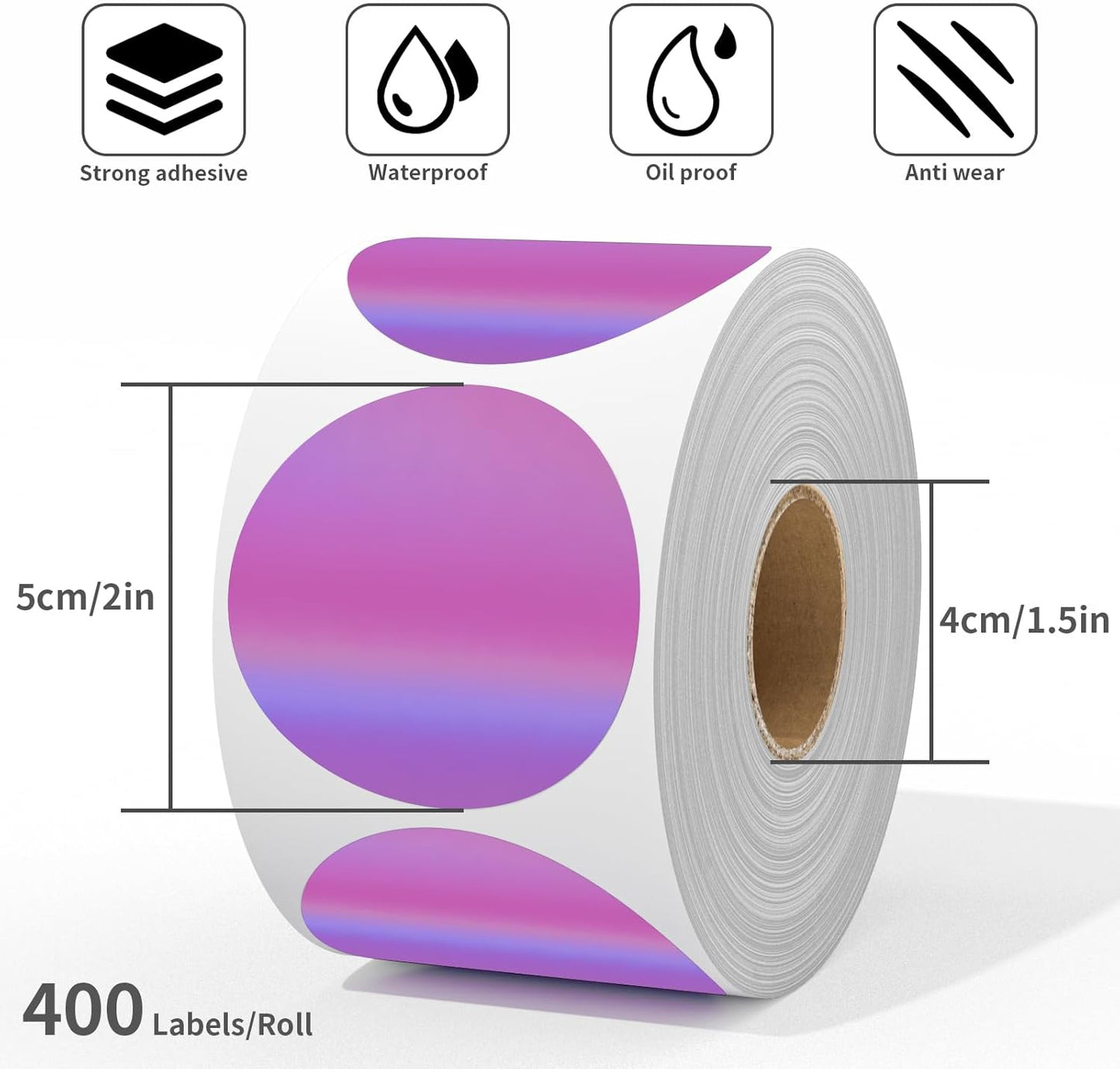 MFLABEL 2" Round Holographic Thermal Labels - 400pcs Purple Waterproof Sticker Roll for Small Business Logo, Compatible with MUNBYN/Rollo/Phomemo (Not for Dymo/Brother)