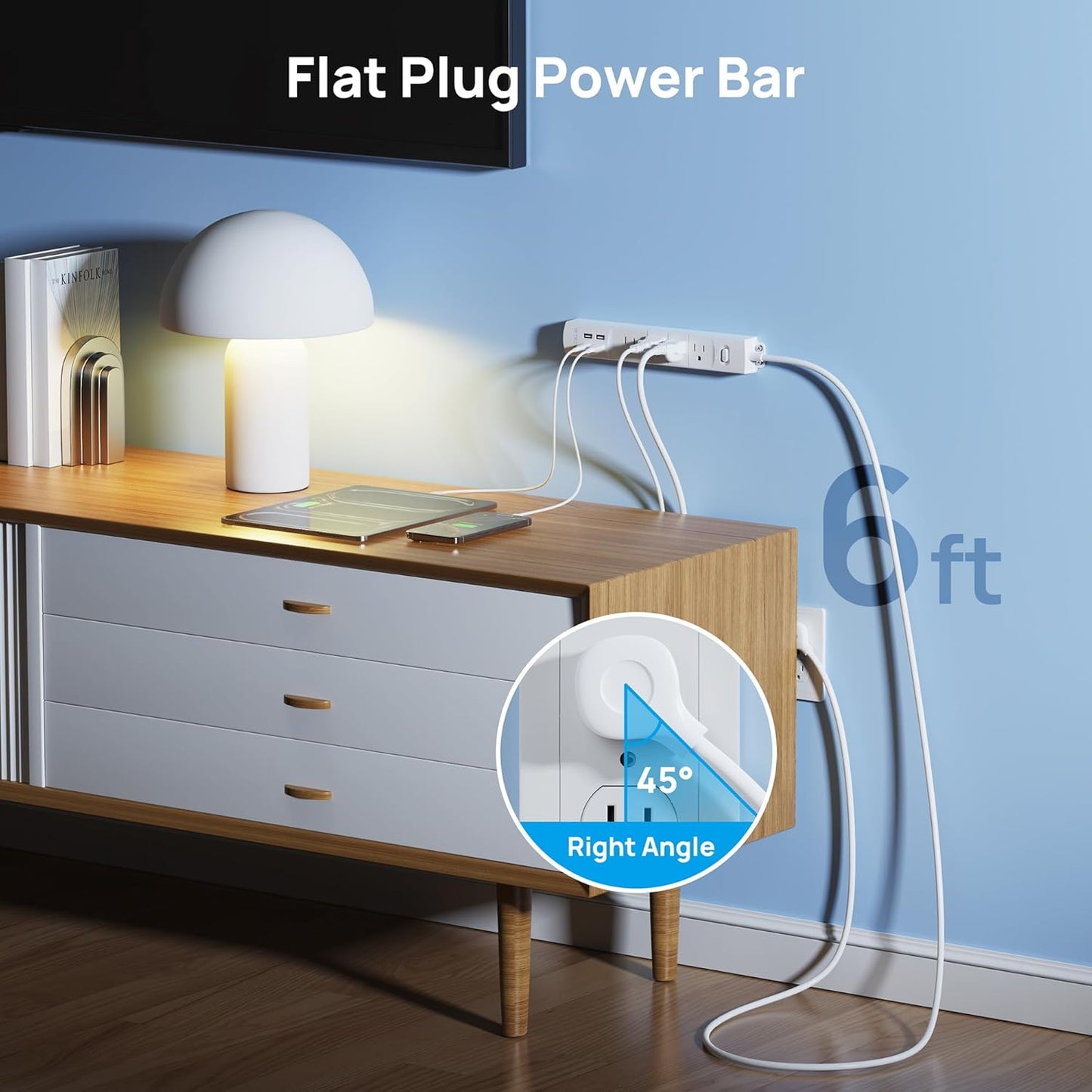 TROND Surge Protector Power Strip with USB, Ultra Thin Flat Plug 6ft Extension Cord 1625W, 3 USB A & 1 Type C, 4 AC Outlets 1440J Surge Protection ETL Listed, Wall Mount for Home Office Dorm, White