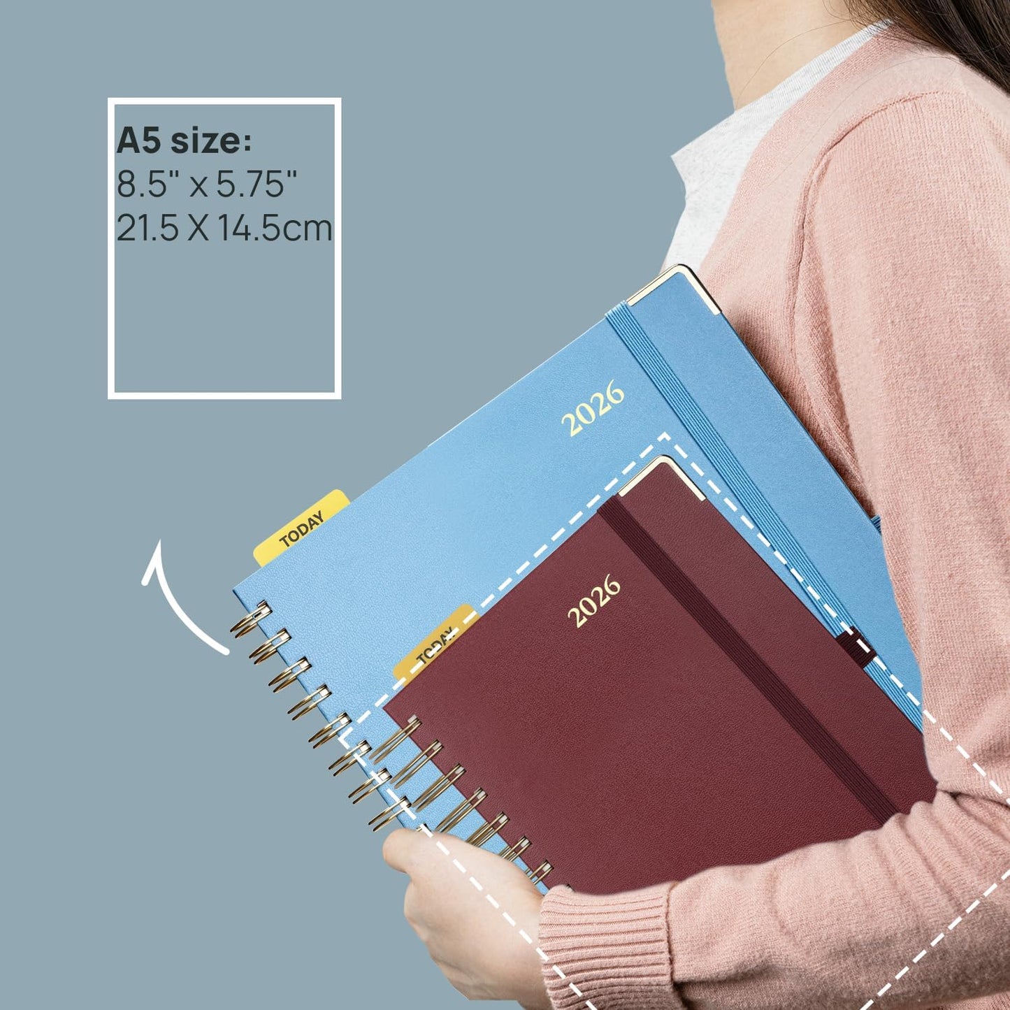 POPRUN 2026 Daily Planner One Page A Day - [8.5" x 5.75" Wire-Bound Hard Cover] Agenda 2026 Hourly Appointment Book with Monthly Calendar, Inner Pocket, Ivory Paper - Navy Blue