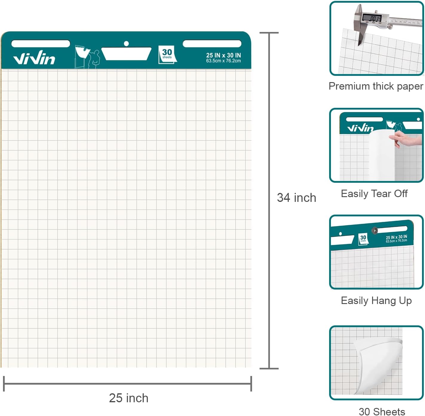 ViVin Grid Sticky Easel Pad, 25 x 30 Inches Flip Chart Paper for Teachers and Students, Large Self Stick Easel Paper for School & Office, 30 Sheets/Pad, 10 Pads/Pack
