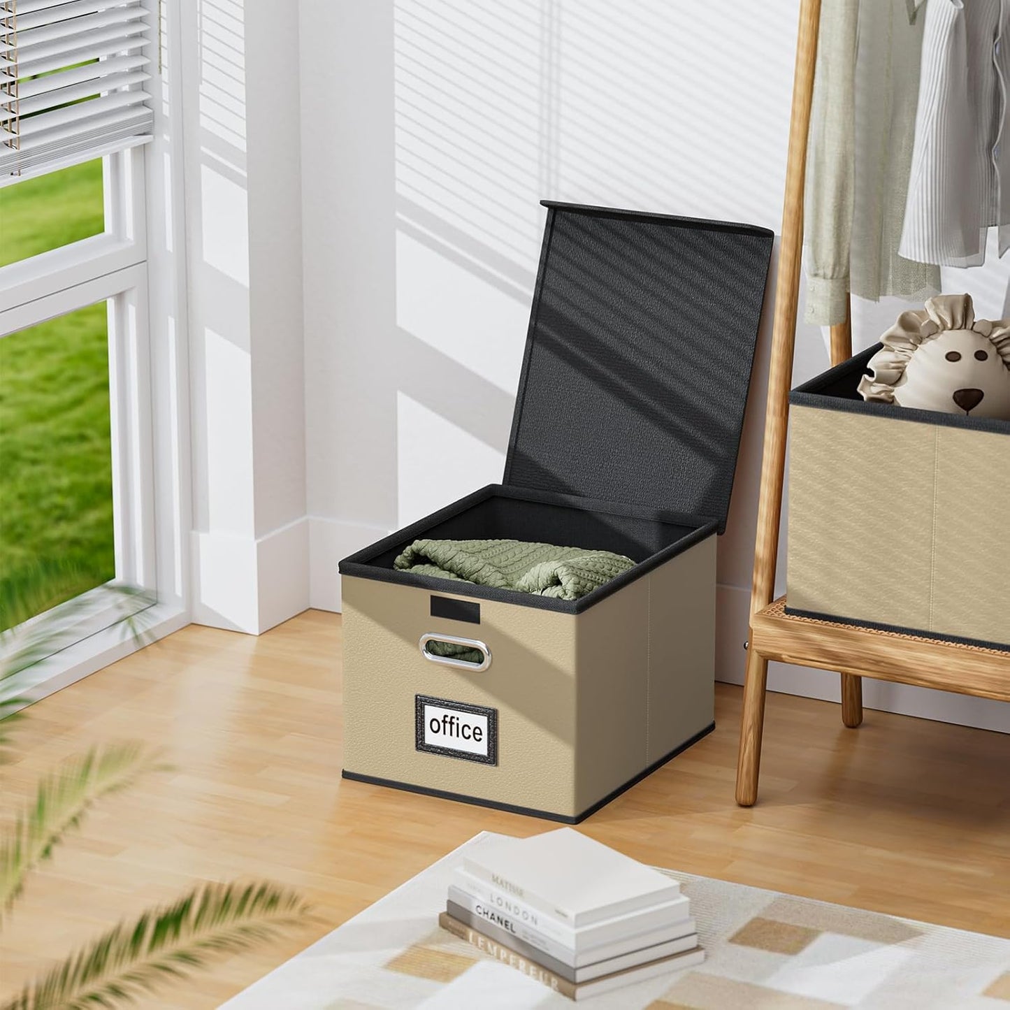 Huolewa Faux Leather File Organizer Box with Lid, Collapsible Hanging File Folder Box Organizer with Plastic Slides, Decorative Home/Office Filing System Boxes for File and Folder Storage-Khaki