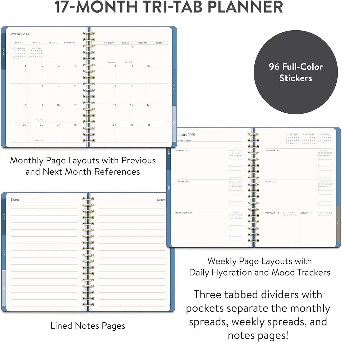 Orange Circle Studio Academic Planner 2025-2026, Amazon Exclusive, Blue Gray, Tri-Tab Planners, 17-Month Triple-Section, August 2025 to December 2026, 9.6" x 7", Weekly Monthly Planner Calendar for School or Work, Note Pages