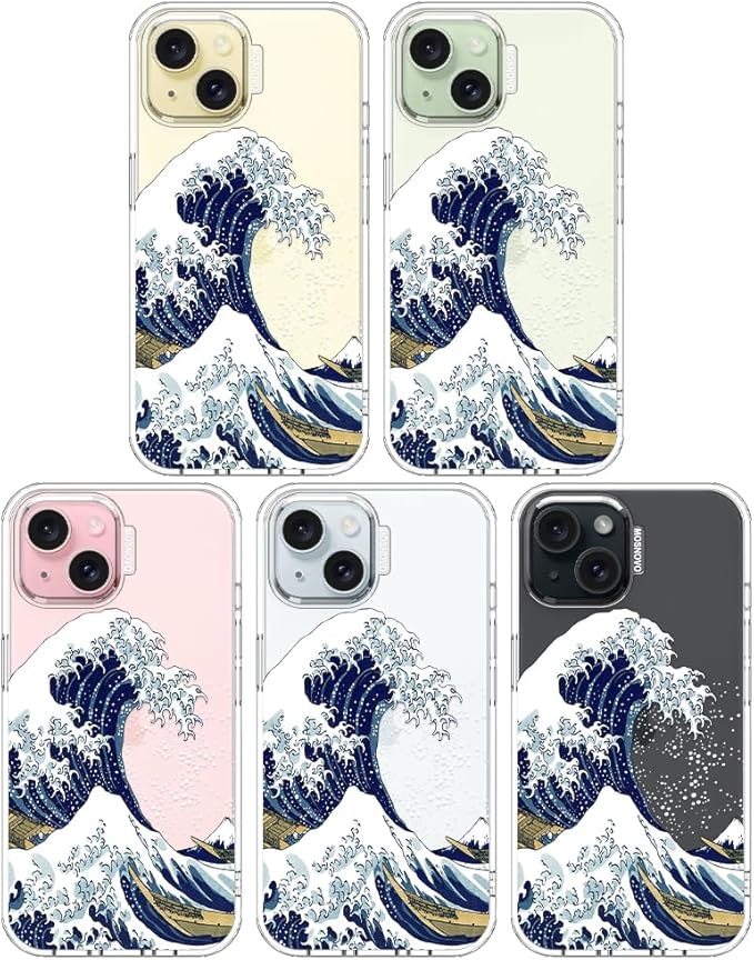 MOSNOVO Case for iPhone 15 Plus/iPhone 14 Plus, [Buffertech 6.6ft Military-Grade Drop Protection] [Anti Peel Off Tech] Clear TPU Bumper Phone Case Cover Design - Great Wave