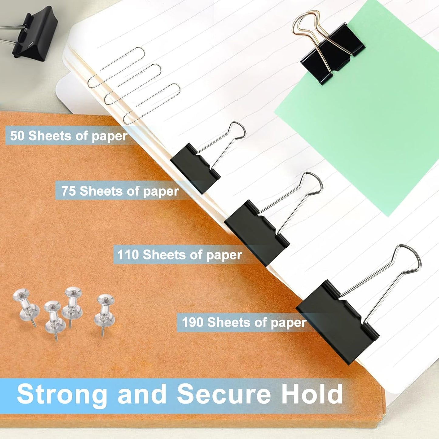 Paper Clips and Binder Clips Office Supplies Paperclips Assorted Sizes, 240 PCS Black Office Clips Paperclips and Binder Clips Set, Small Binder Clip Cute Binder Clip Push Pin Paper Clamp Thumb Tack