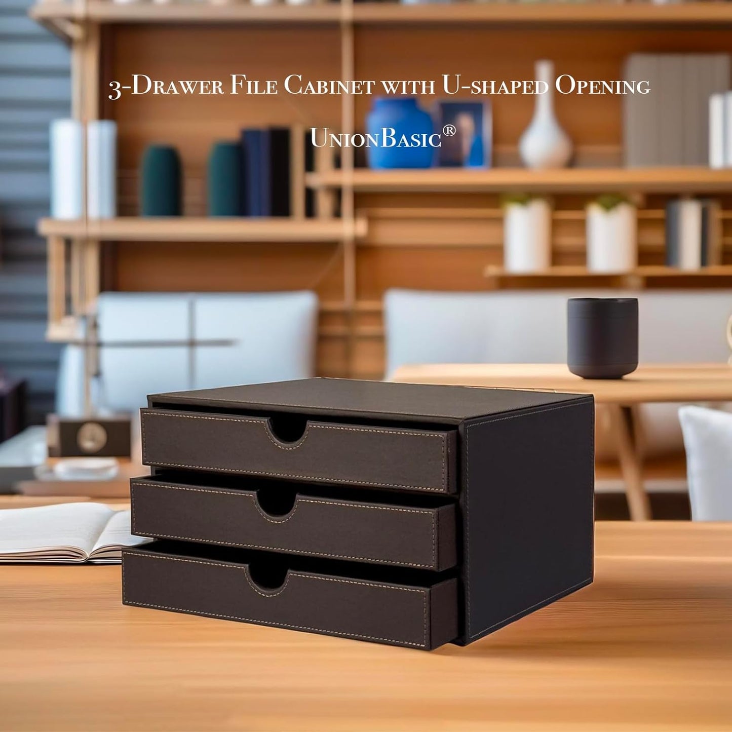 UnionBasic Leather Desktop Drawer Organizer, File Cabinet Magazine Document Holder, Office Supplies Desk Storage Organizer Box, 3 Drawer, Coffee