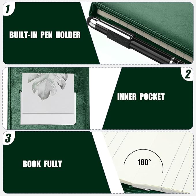 Outus 10 Pcs Pocket Notebook with Pen Set Included Mini Pocket Notepad Holder with 50 Lined Sheets, Metal Pen, 8 Pcs 3 x 5 Inch Memo Book Refills, 30 Lined Paper Per Note Pad (Green)