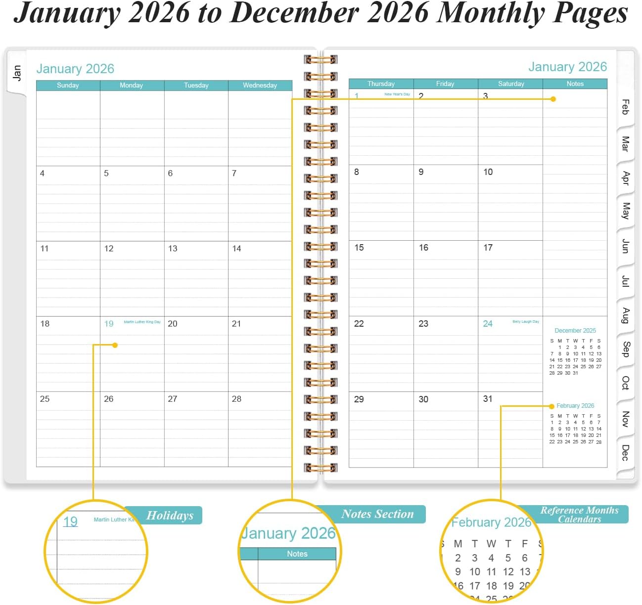 2026 Daily & Monthly Planner - One Page Per Day, Daily Planner 2026 from January 2026 to December 2026, Planner 2026 with 12 Monthly Tabs, 6.4" x 8.5", Blue Leaf