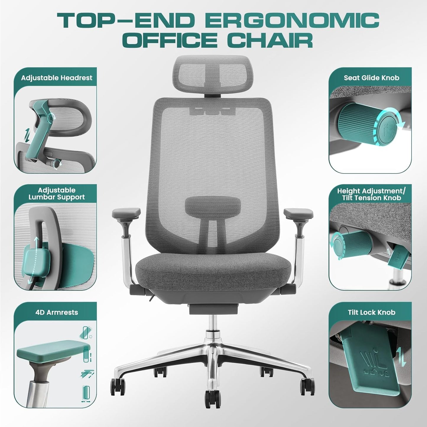 COLAMY Ergonomic Mesh Office Chair, High Back Office Chair, Computer Executive Desk Chair with Lumbar Support,Adjustable Headrest and 4D Arms, Slide Seat, Tilt Lock-Darkgrey New
