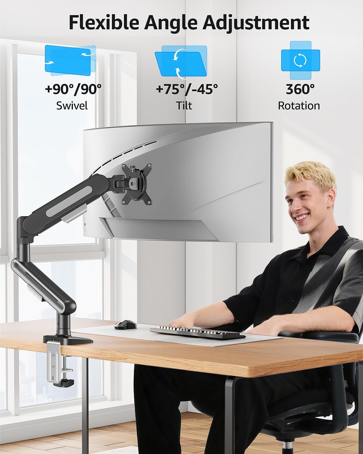MOUNTUP Single Monitor Desk Mount for 4.4-26.5lbs, Heavy Duty Monitor Arm for 39 37 34 32 27inch, Full-Motion Monitors Stand, Height Adjustable Gas Spring Monitors Arm with C-Clamp＆Grommet Base