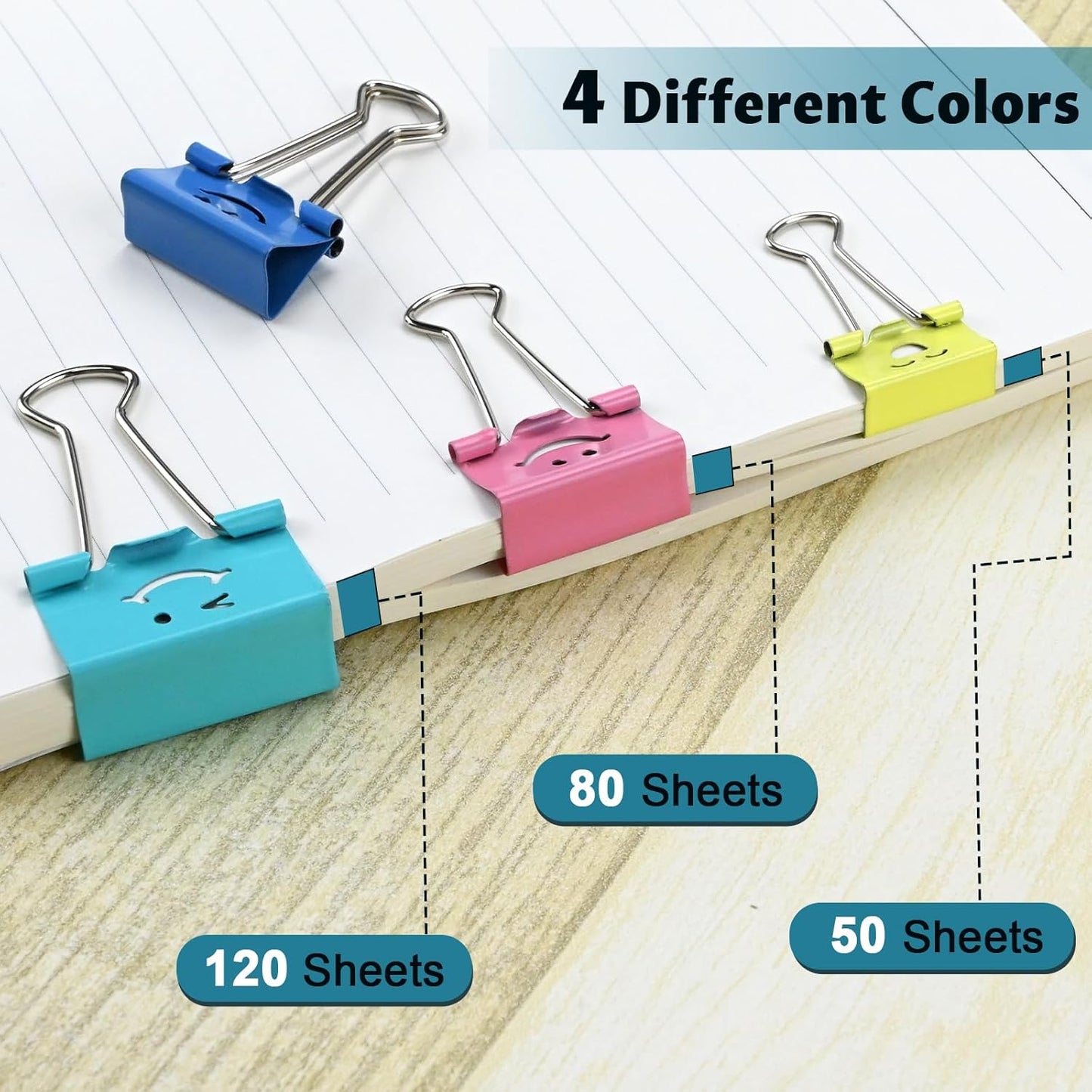 100 Pack Binder Clips Paper Clamps Assorted Sizes and Colors Cute Binder Clips with Smiling Face Metal Paper Clamps for Office, School