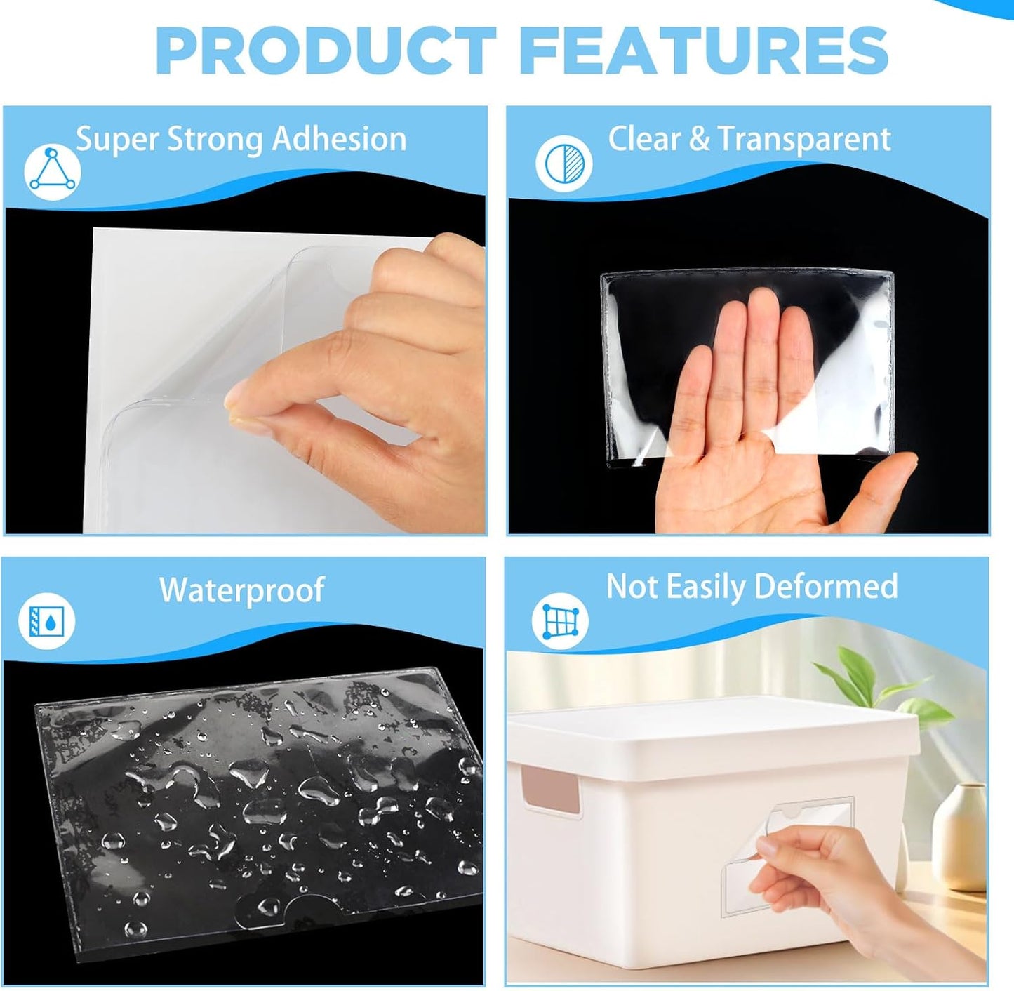 56 Pack Clear Self-Adhesive Pockets, 3" x 5" Index Card Pockets With Top Open Loading, PVC Label Holders for Organizing storage bins, Library Card, Drawer, and Protecting Your Cards