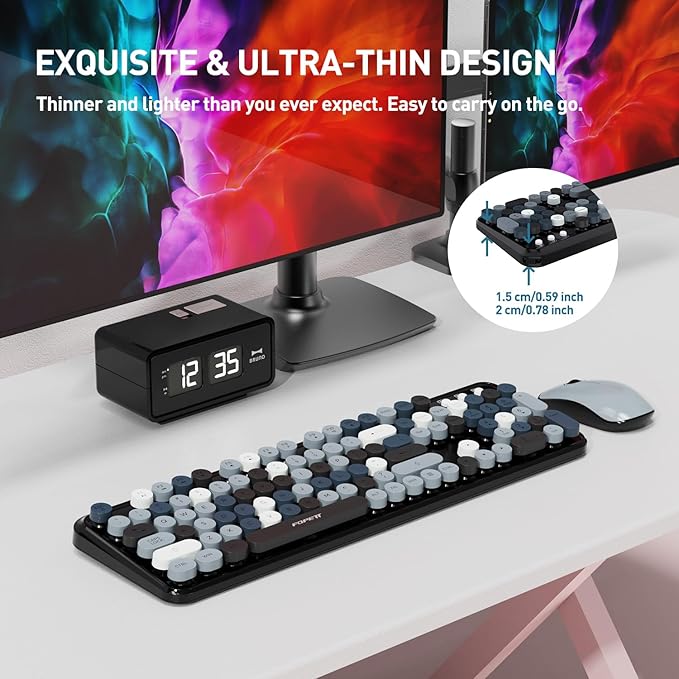 FOPETT Wireless Keyboard and Mouse Combo, 105 Keys Full-Sized 2.4 GHz Round Keycap Colorful Keyboards, USB Receiver Plug and Play, for Windows, Mac, PC, Laptop, Desktop (Grey Colorful)