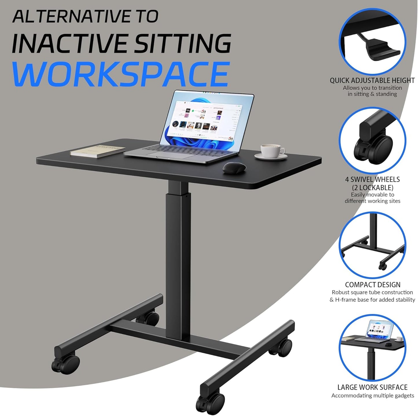 Mobile Laptop Standing Desk Adjustable Height, Small Mobile Desk Workstation with Wheels, Portable Rolling Computer Desk Cart for Home Office Classroom (Black)