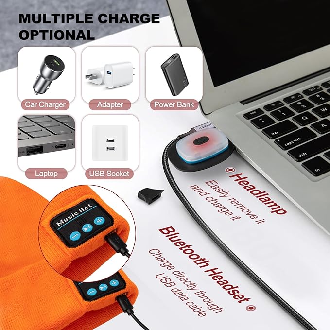 Gifts for Men, Rechargeable Bluetooth Music Unisex Beanie Hat with Light, Stocking Stuffers for Women, Birthday Gifts for Men, for Him, Orange