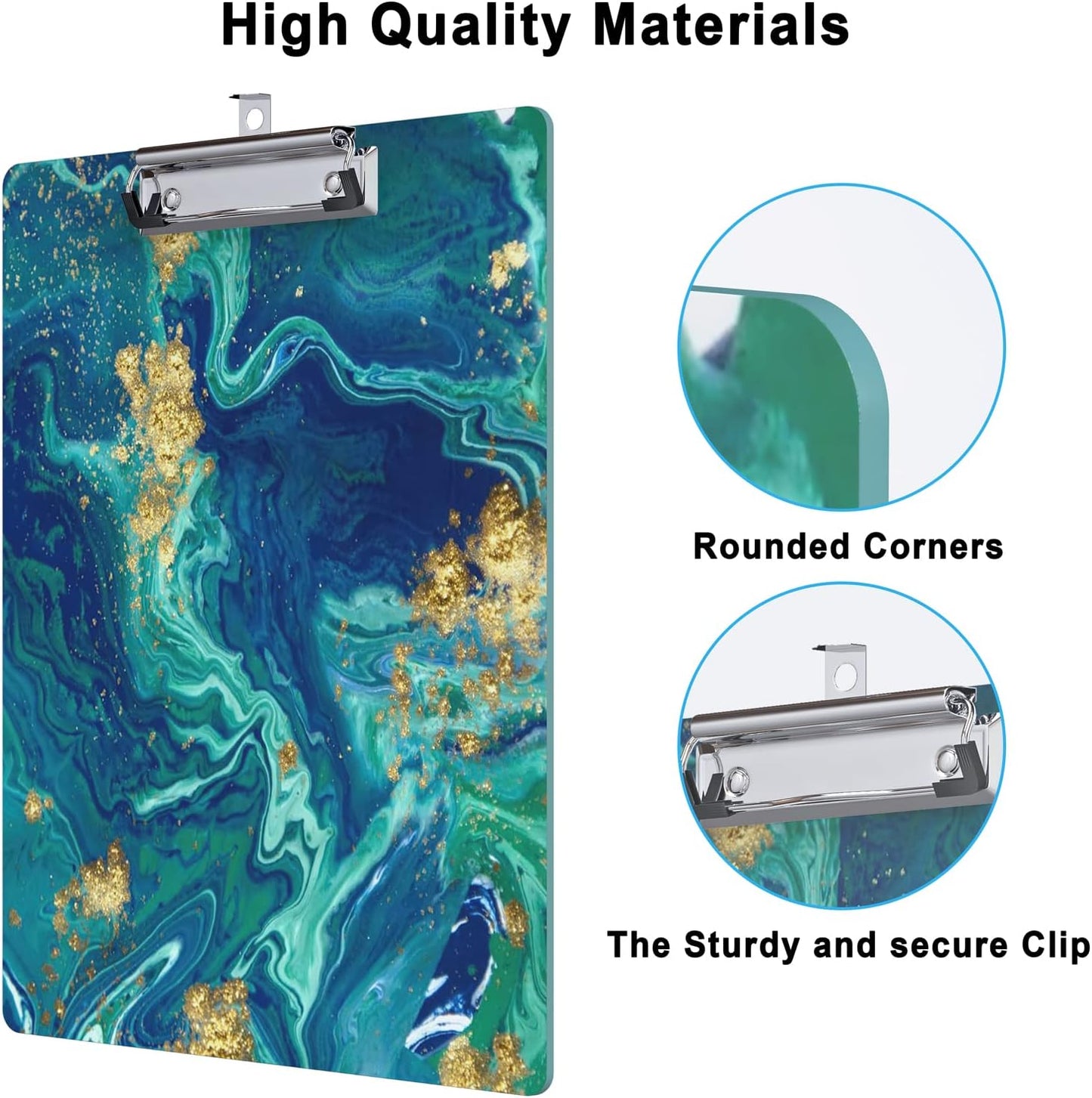 Clipboard Wood Design Decorative A4 Letter Size Clip Boards for Classroom Office, Standard Size 9" x 12.5" with Low Profile Metal Clip - Blue Gold Marble